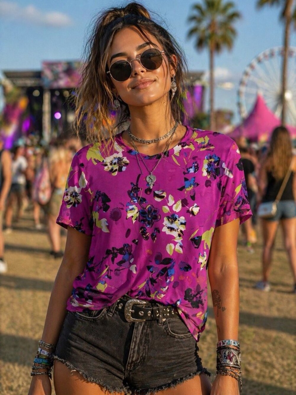 Y2k Mesh Shirt Ladies Large Bright Pink Floral Short Sleeve Festival Loud